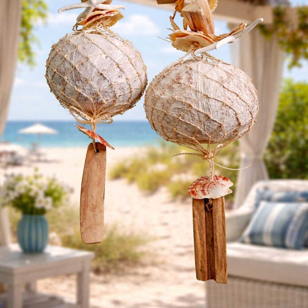Set of 2 Coconut Shell & Sea Shell Wind Chimes – Rustic Coastal Beach Décor